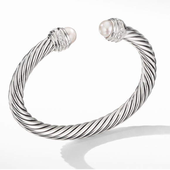 Sterling Silver 7mm Cable Classics Bracelet with Pearls & Pavé Diamonds - Picture 6 of 7